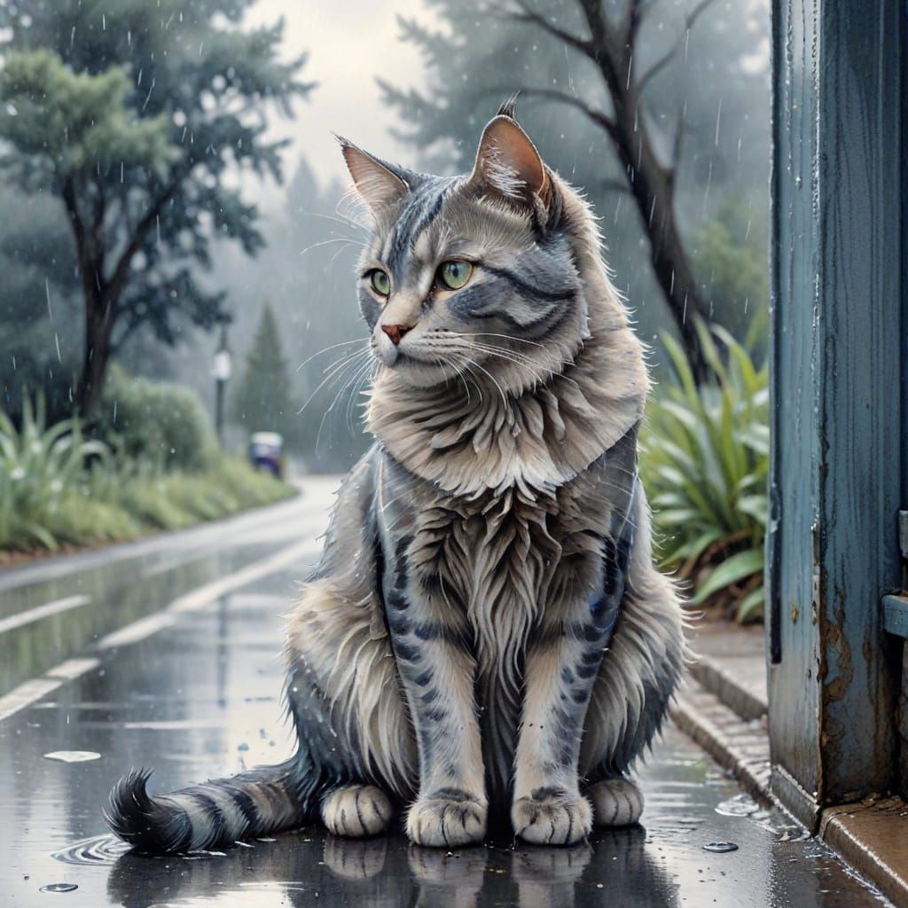 Sad Cat Waits in the Rain: Realistic Watercolor