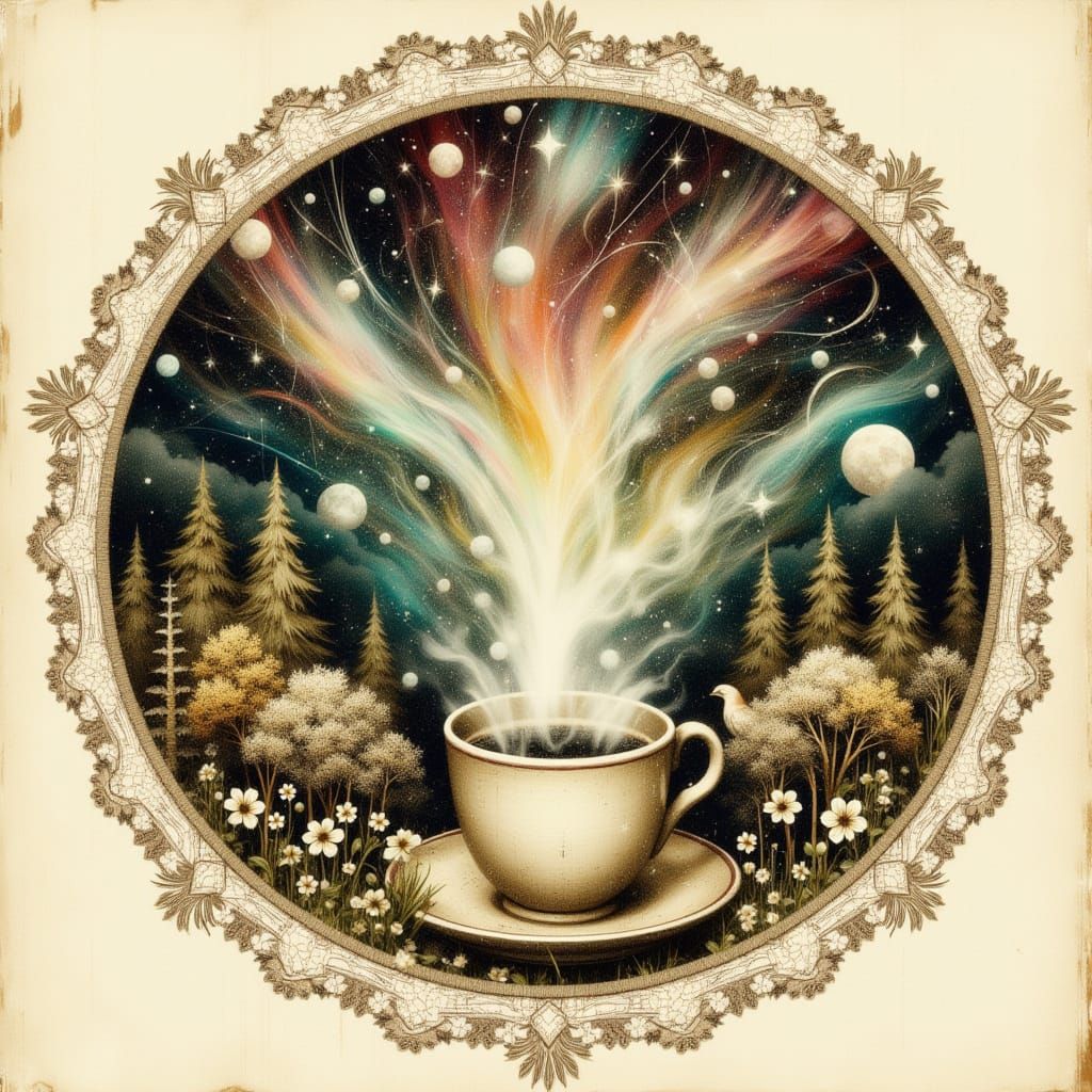 Whimsical Forest Galaxy on Doily, Soft Pastel Gradient