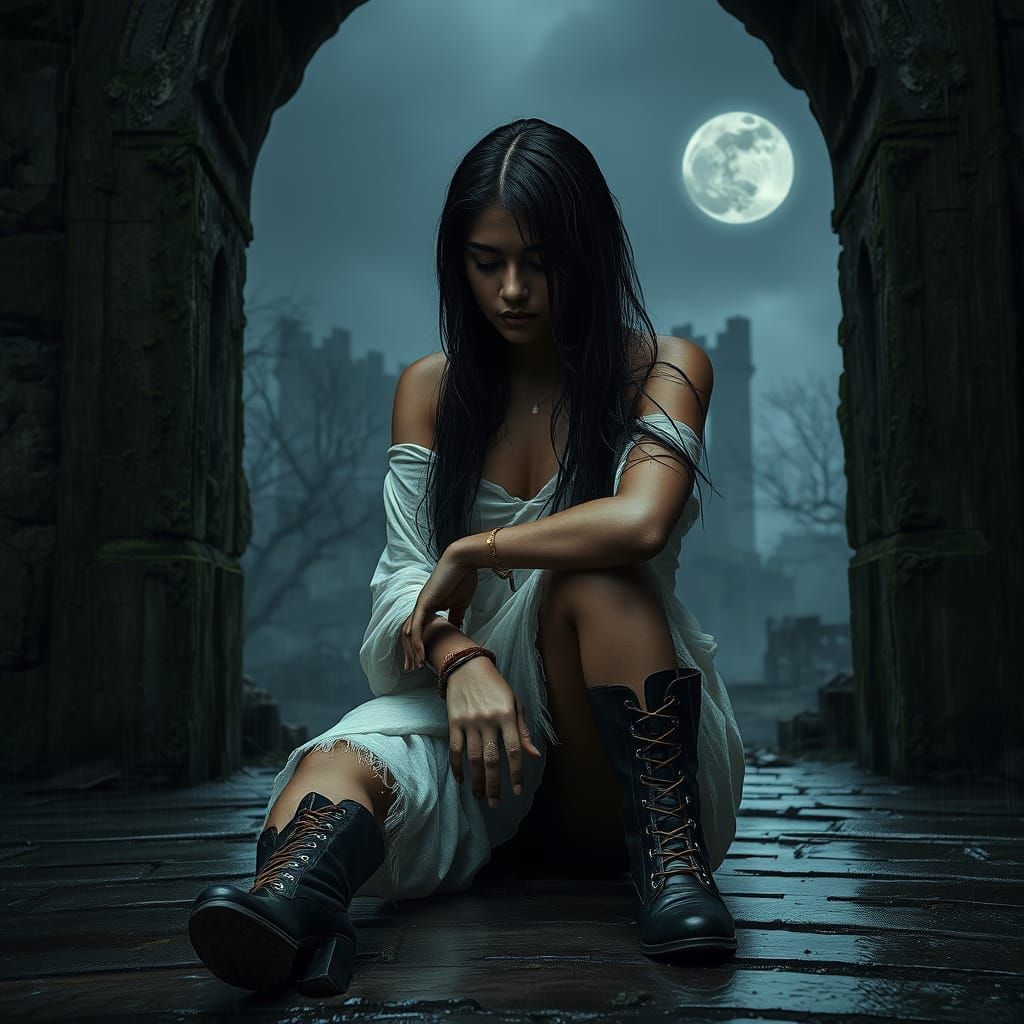 Ethereal Gothic Fantasy Scene with a Young Woman in Solitude