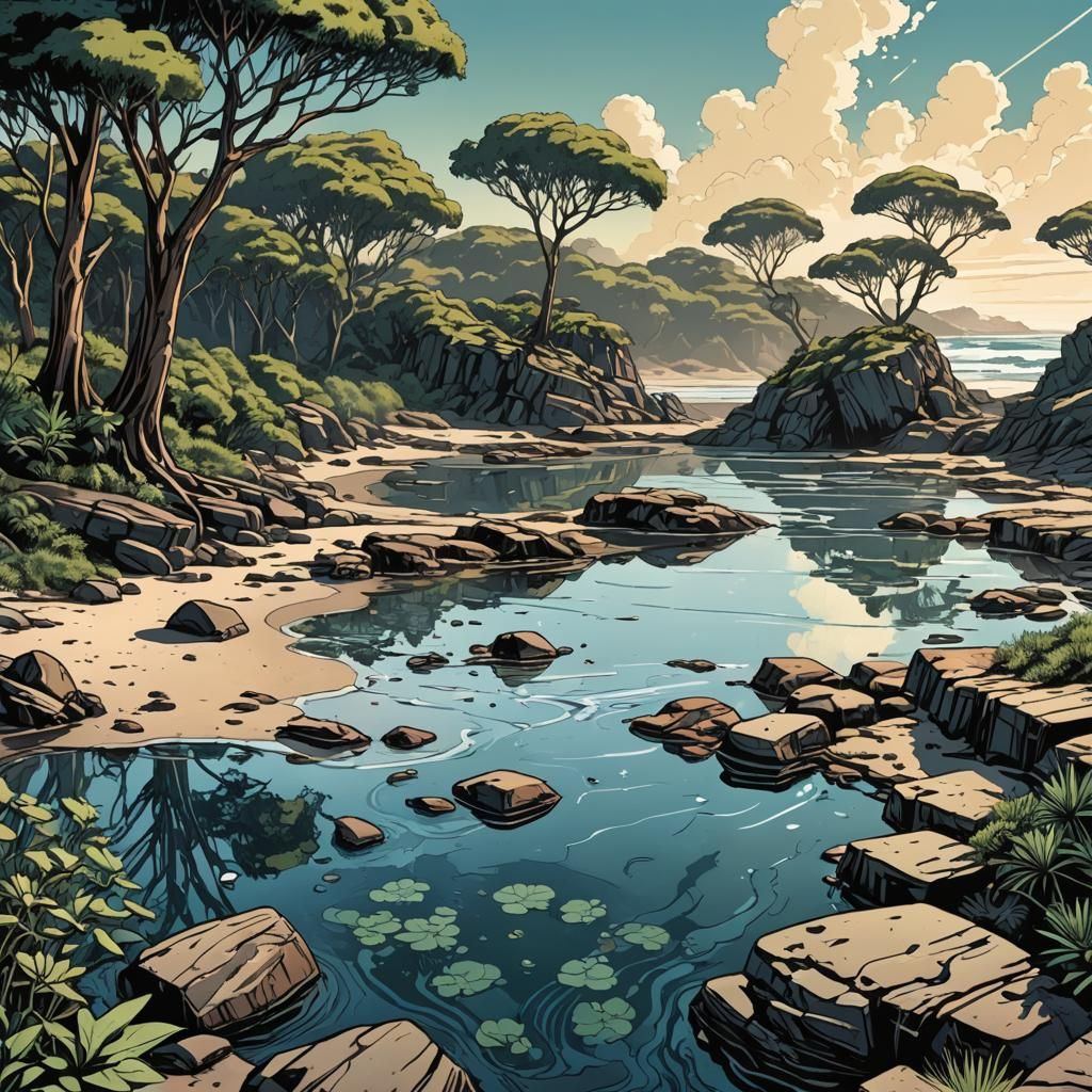 Beach Rock Pools and Eucalypti in Comic Art