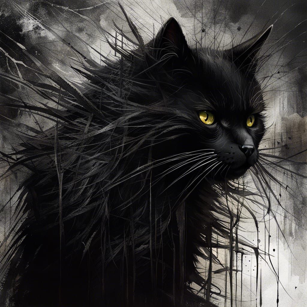 Punk Black Cat in Attic: Detailed Digital Art