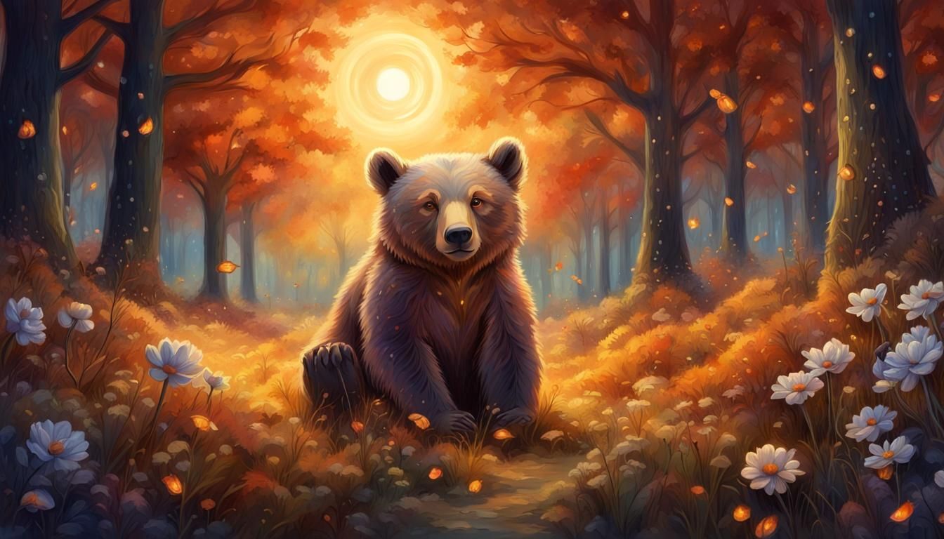 Fantasy Bear Cub in Moonlit Autumn Forest