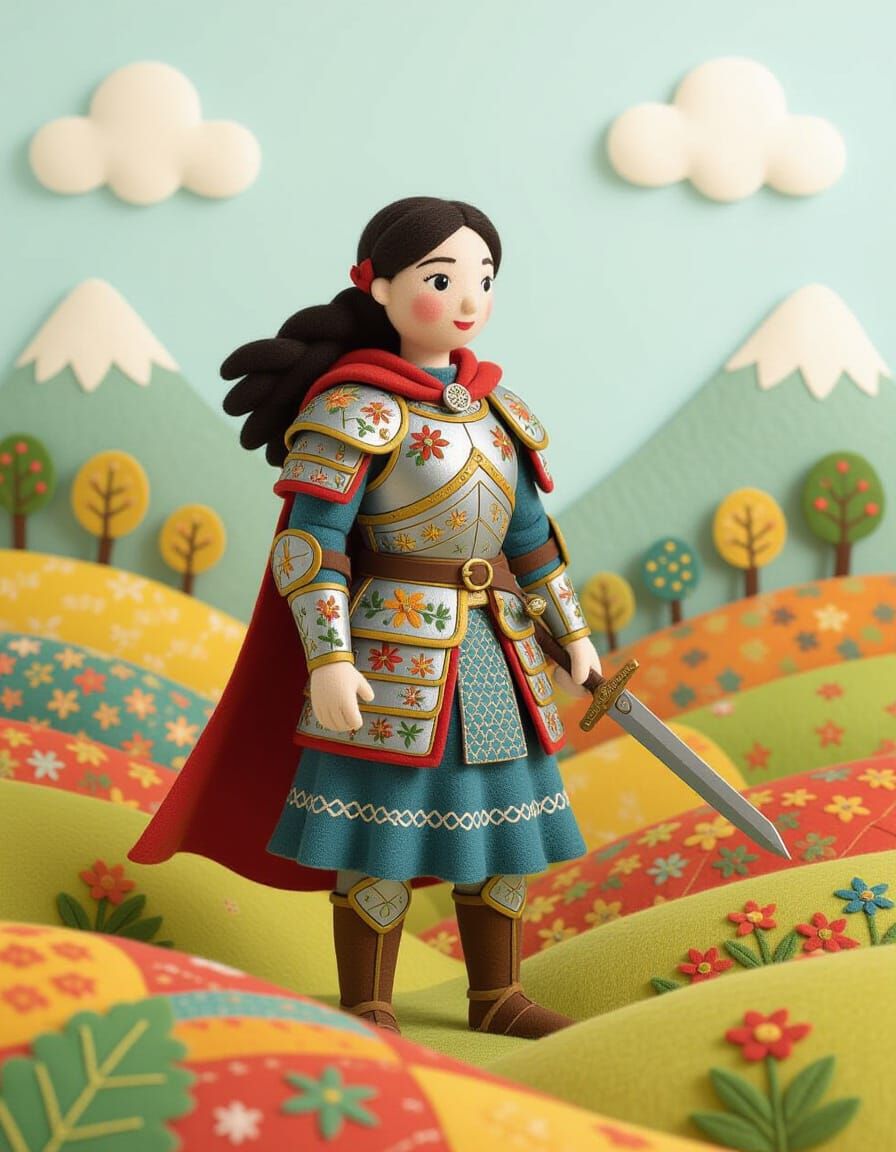 Felt Warrior Woman on Fabric Battlefield