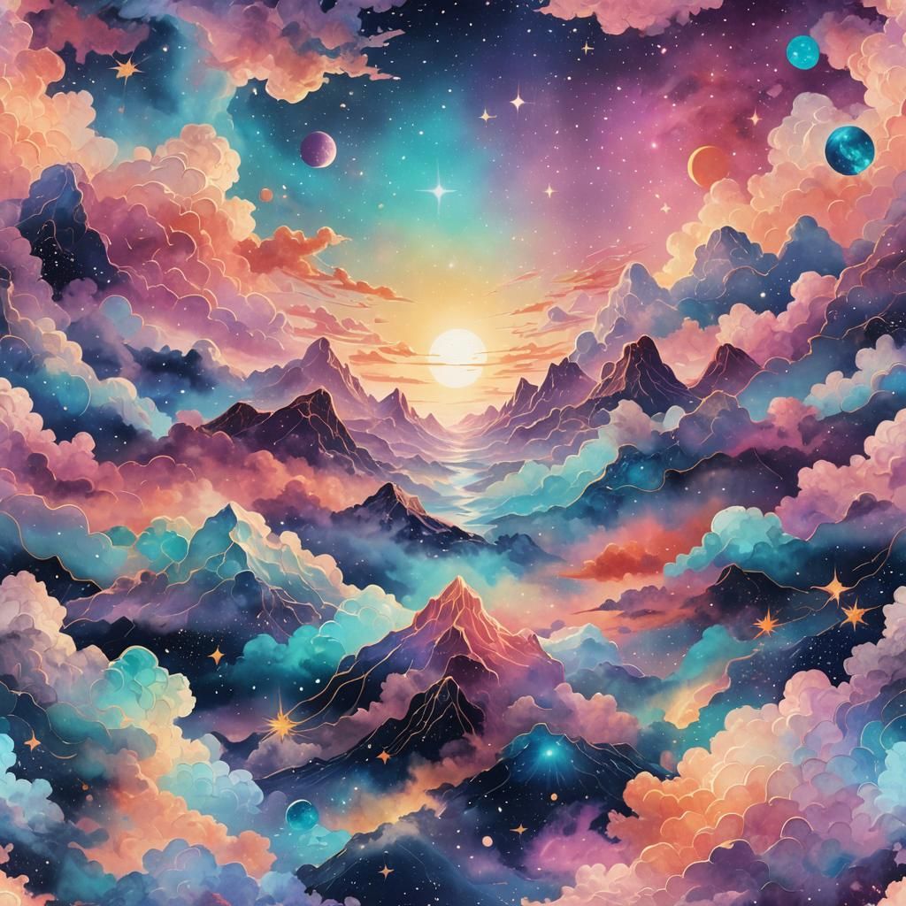 Mystical Ombre Sky: Holographic Astral Illustration