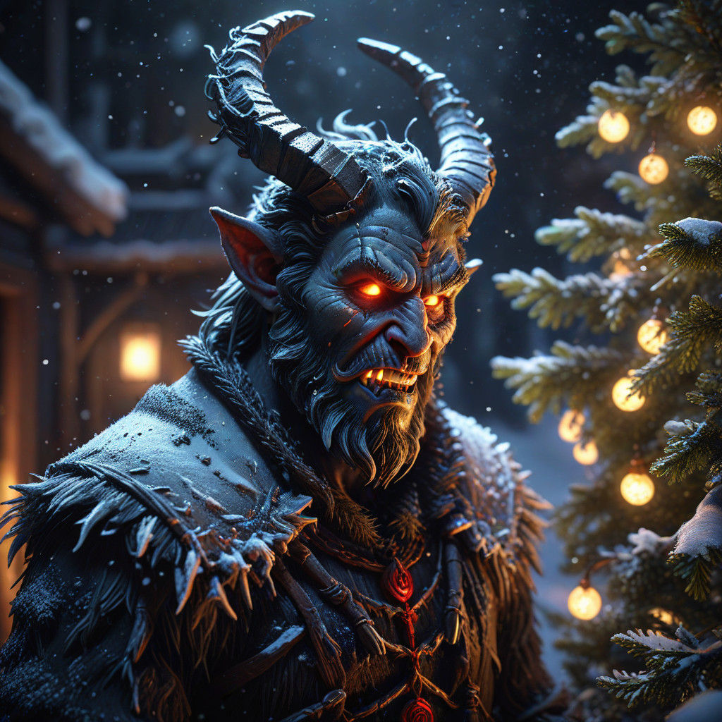 Krampus Sneaks Around Christmas Tree with Mischief in His Ey...