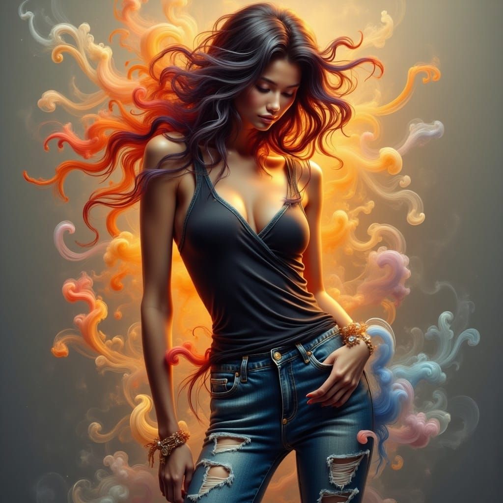 Confident Woman in Jeans: Hyperrealistic Splash Art
