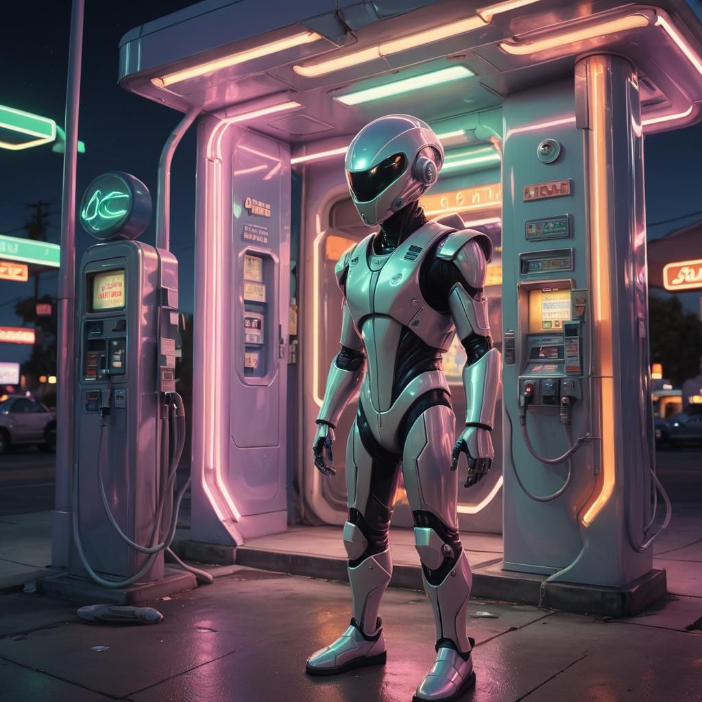 Sailor Alien at Retro Gas Station in Surreal Landscape