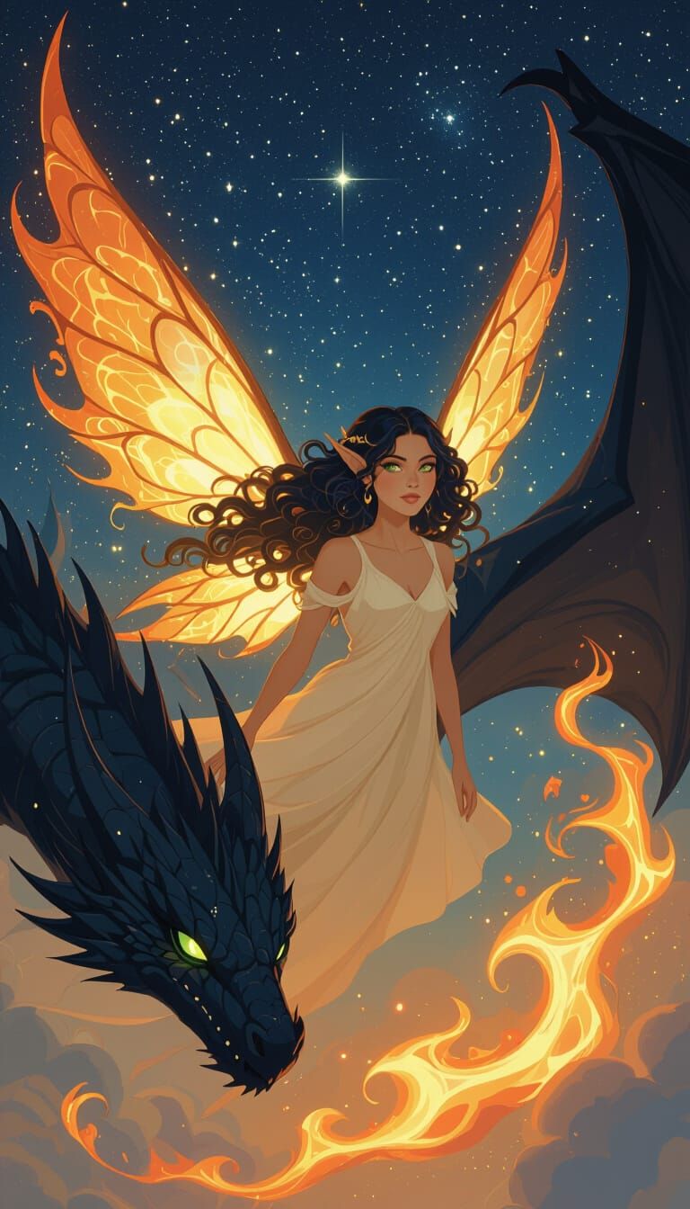 Elf Woman with Dragon in Starry Night Sky
