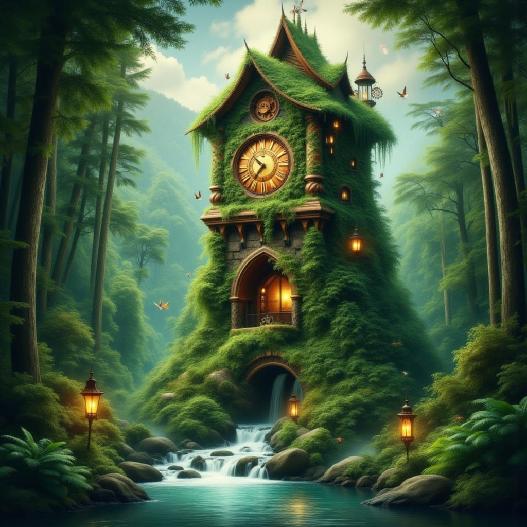 Enchanted Forest Clocktower with Flowing Stream