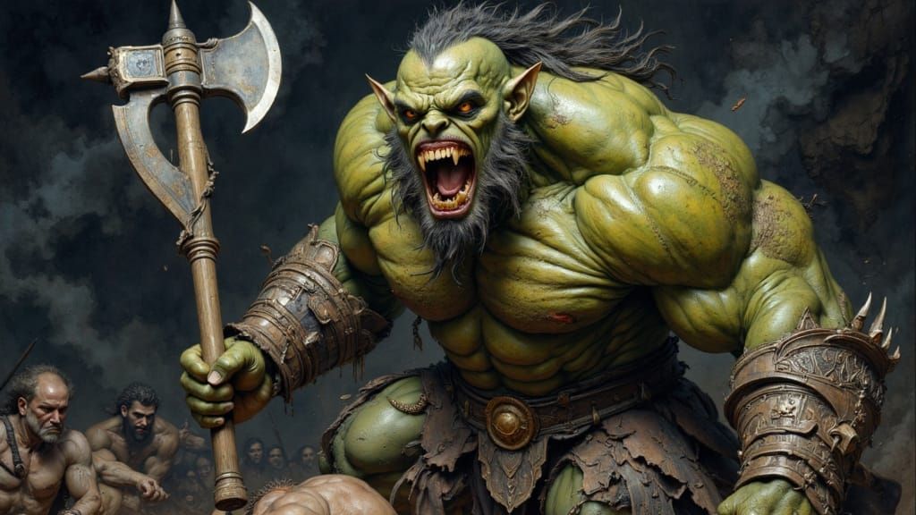 Muscular Orc Warrior Wielding Axe on Battlefield