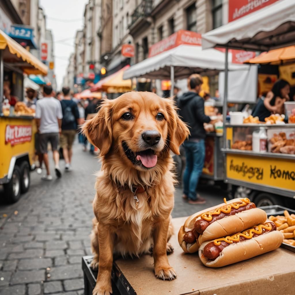 Hungry Dogs Gaze at Street Food Hotdog
