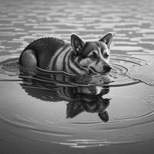 pencil photorealistic dog playing in a puddle and seeing its...