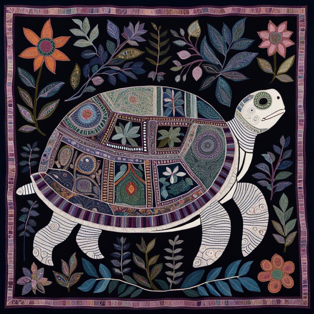 Striped Turtle Collage Art in Textile Style