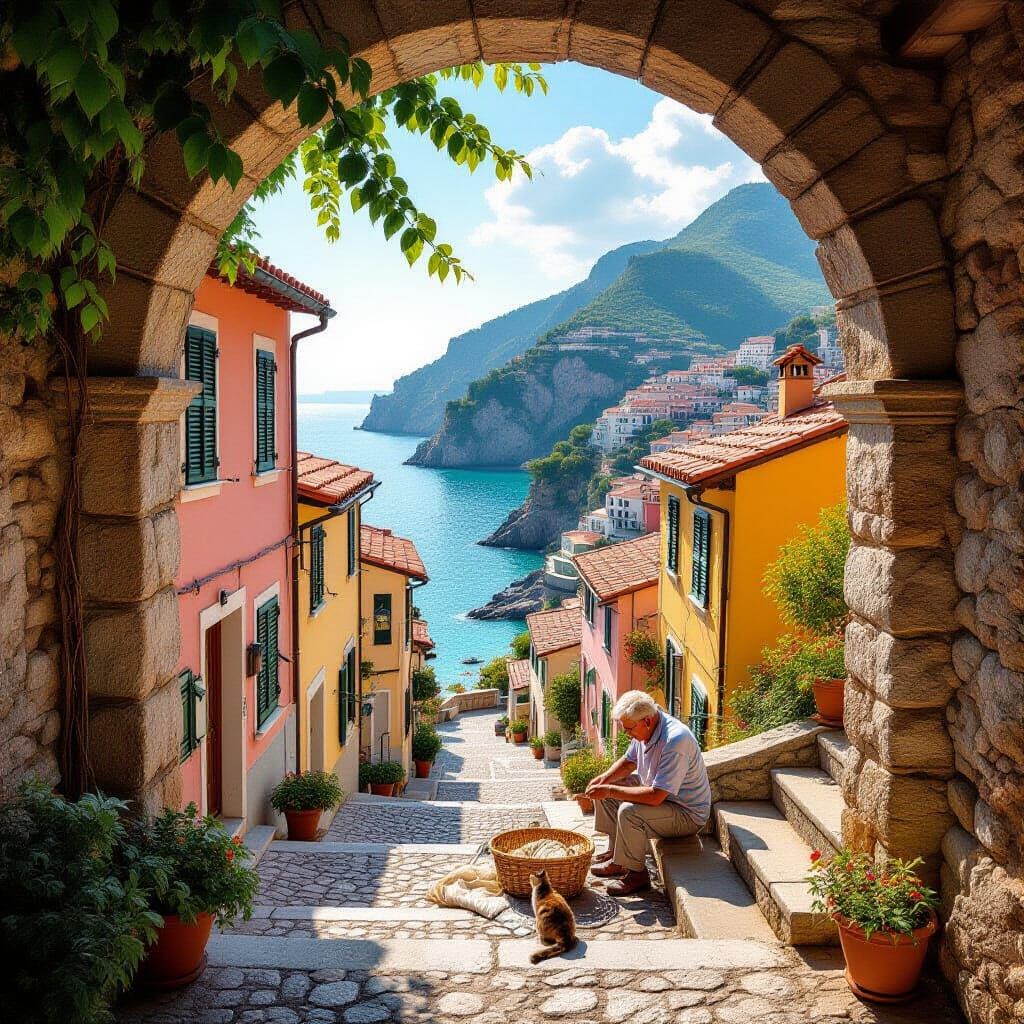 Pastel Italian Village Through Archway in Morning Sunlight