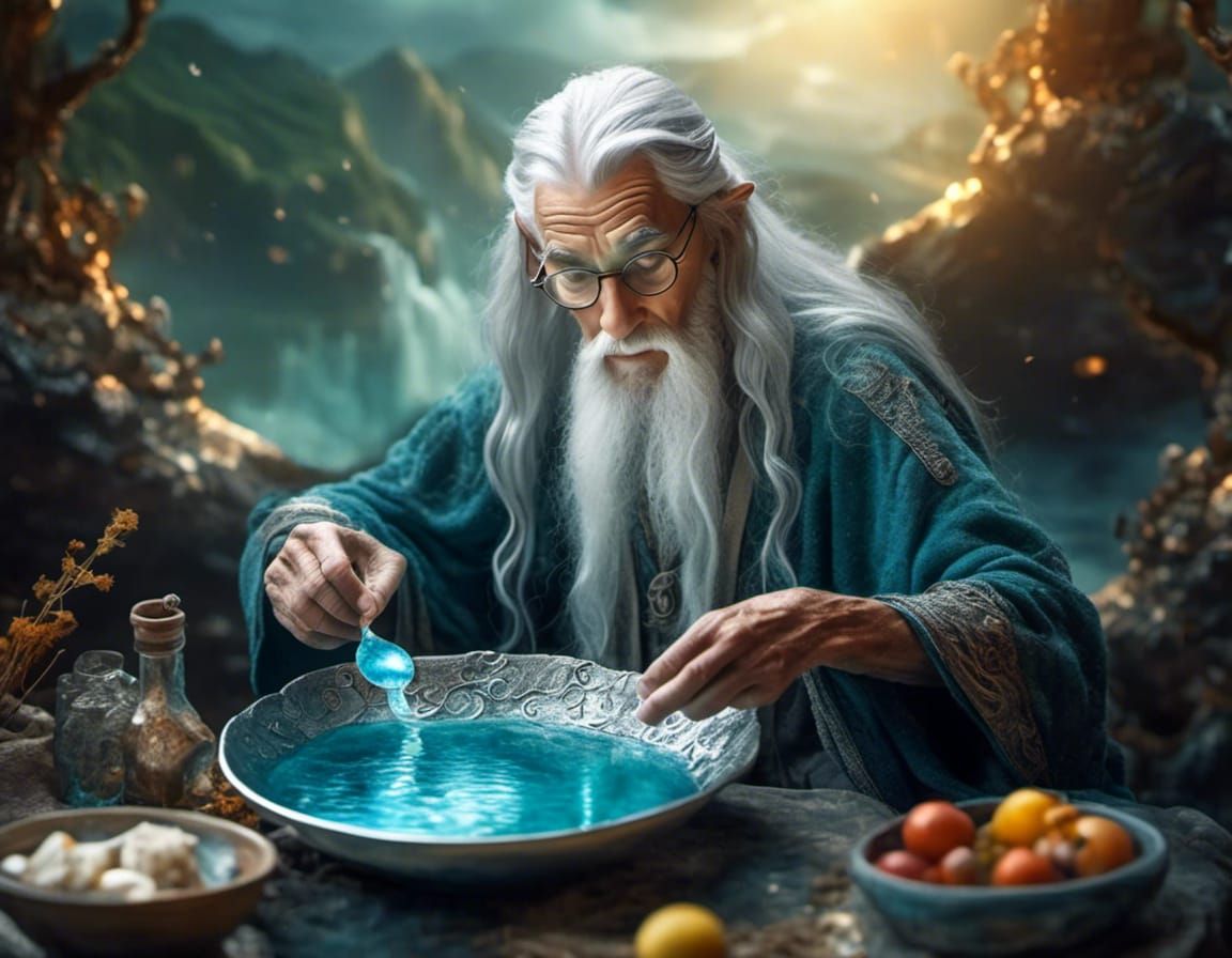 Elven Wizard Studies Glowing Water in Hyperreal Photo