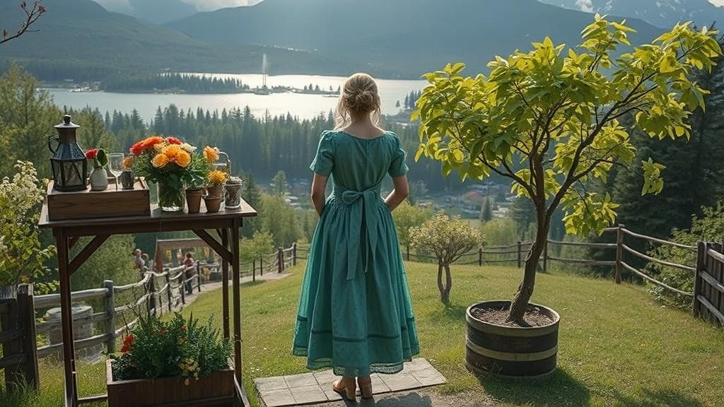 Brunette in Burgundy Dress Gazing at Gorge Sunset