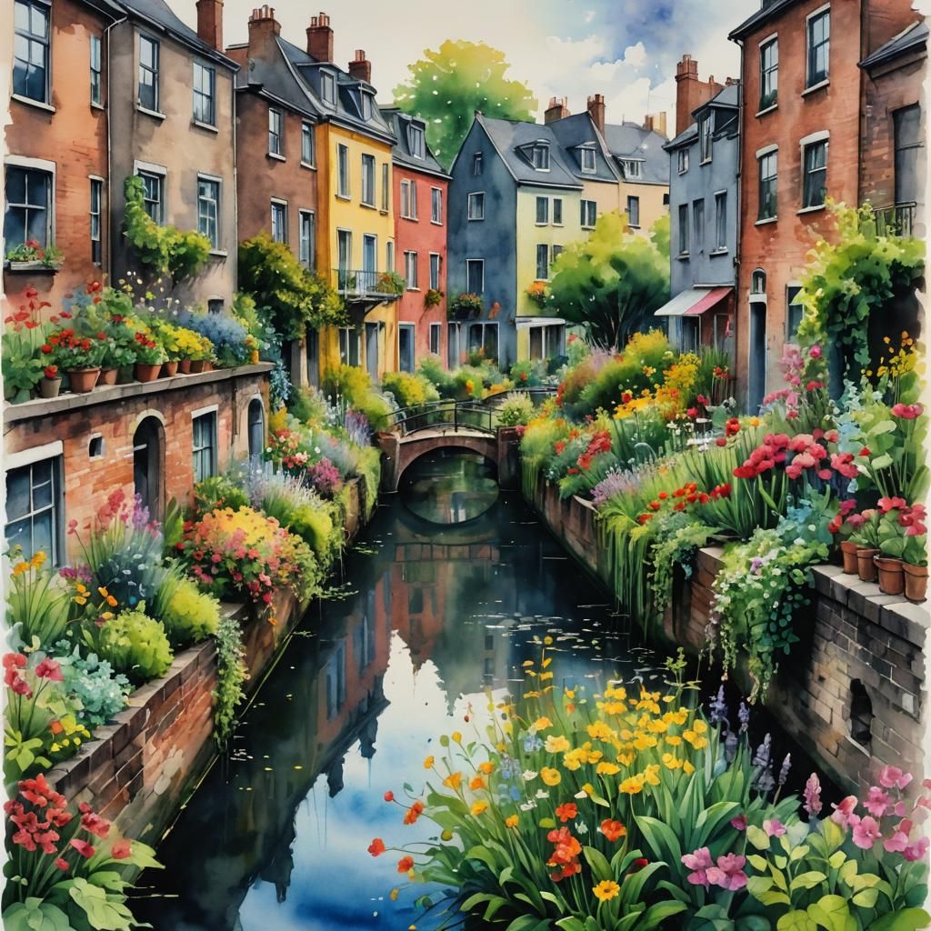 Enchanted Urban Garden with Colorful Flowers, Watercolor Sty...
