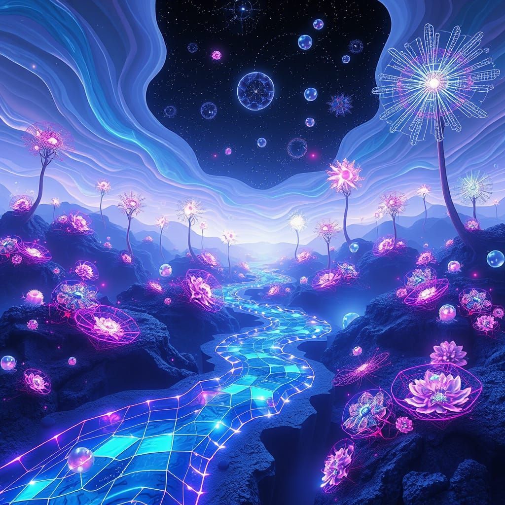 Surreal Cosmic Garden Unfolds in Infinite, Dreamlike Expanse