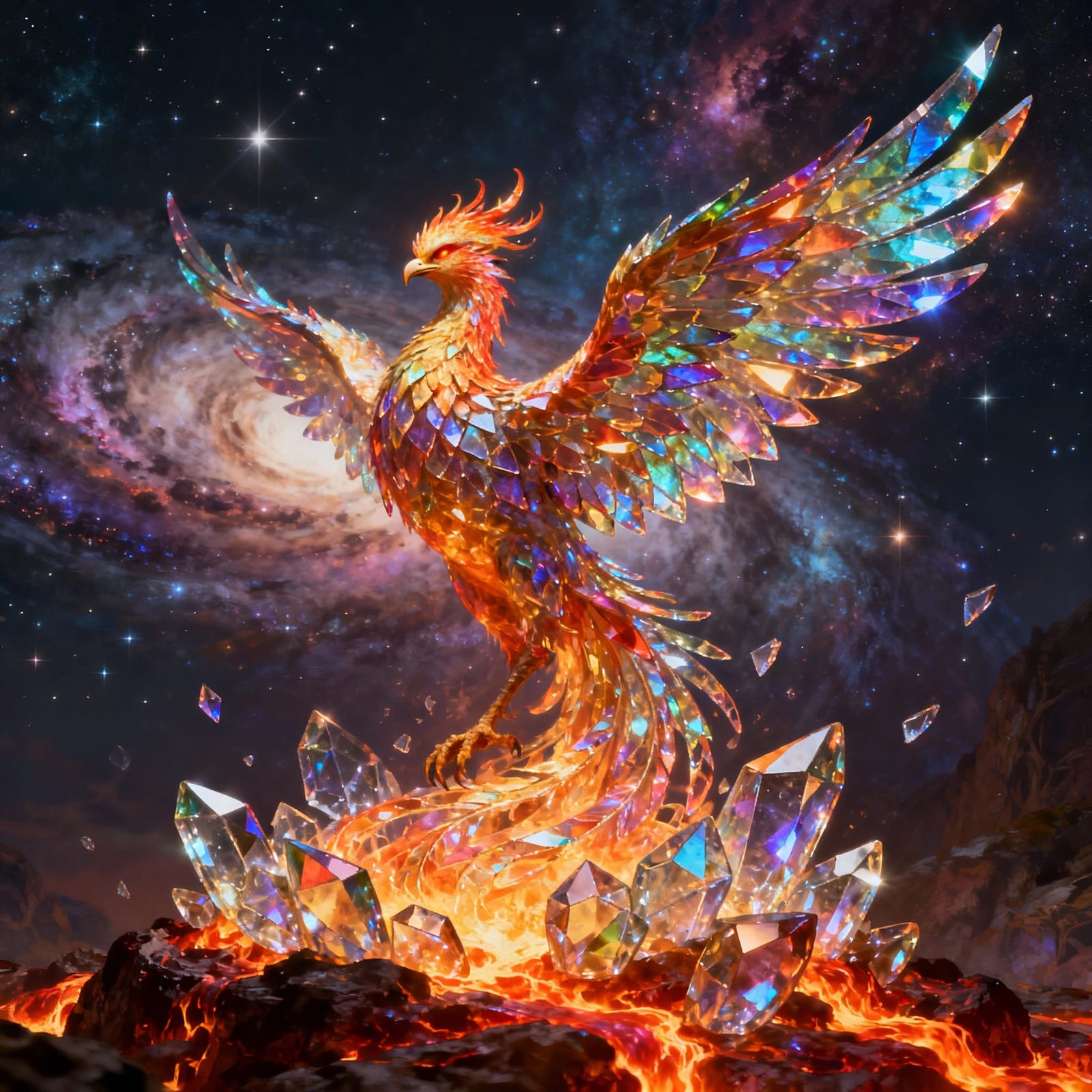 Majestic Phoenix Rises from Molten Glass in Cosmic Nebula