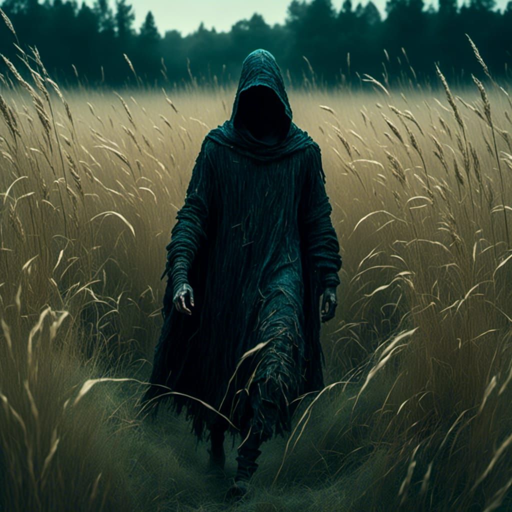 Hooded Figure Walks Through Tall Grass
