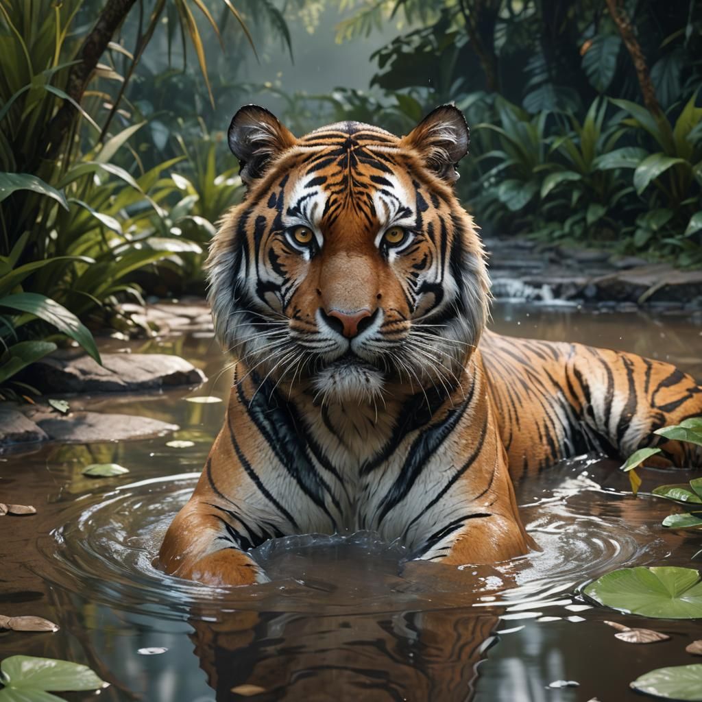 Hyperdetailed Tiger Portrait in Jungle, Splash Art Style