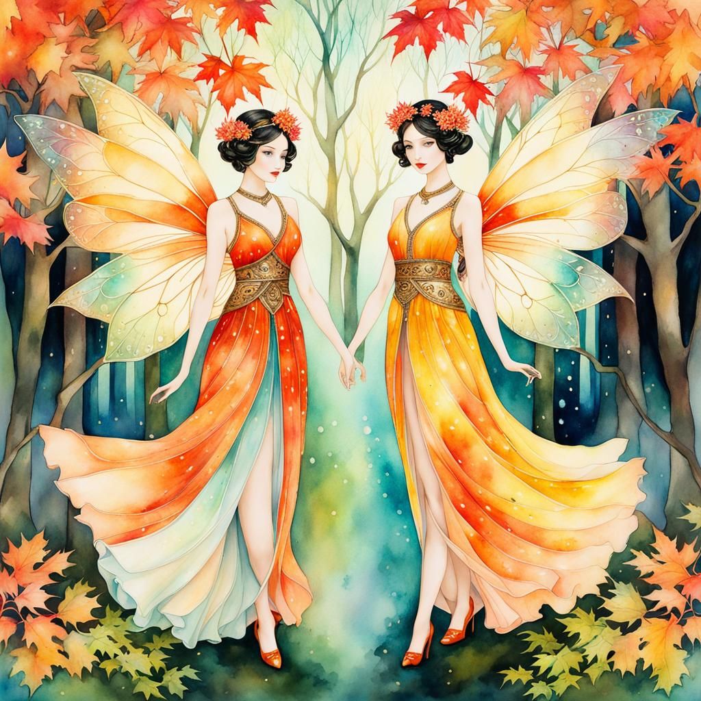 Fairy Girls in Magical Garden: Watercolor and Ink Art