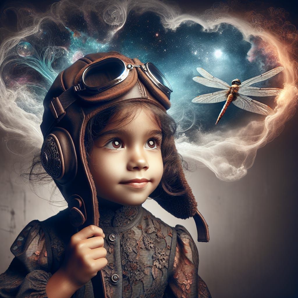 Little Girl with Dragonfly in Aviator Cap Takes Flight