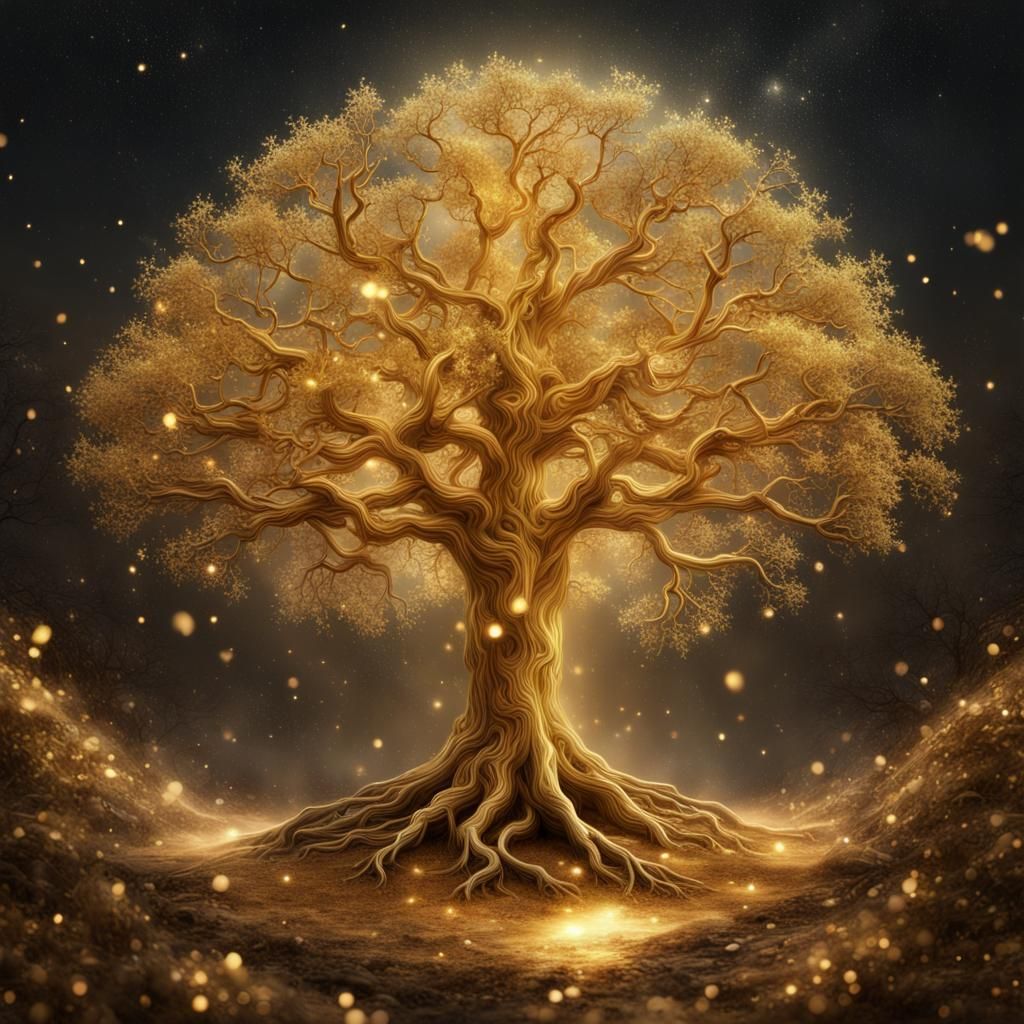 Golden Tree Encrusted with Crystals and Stars