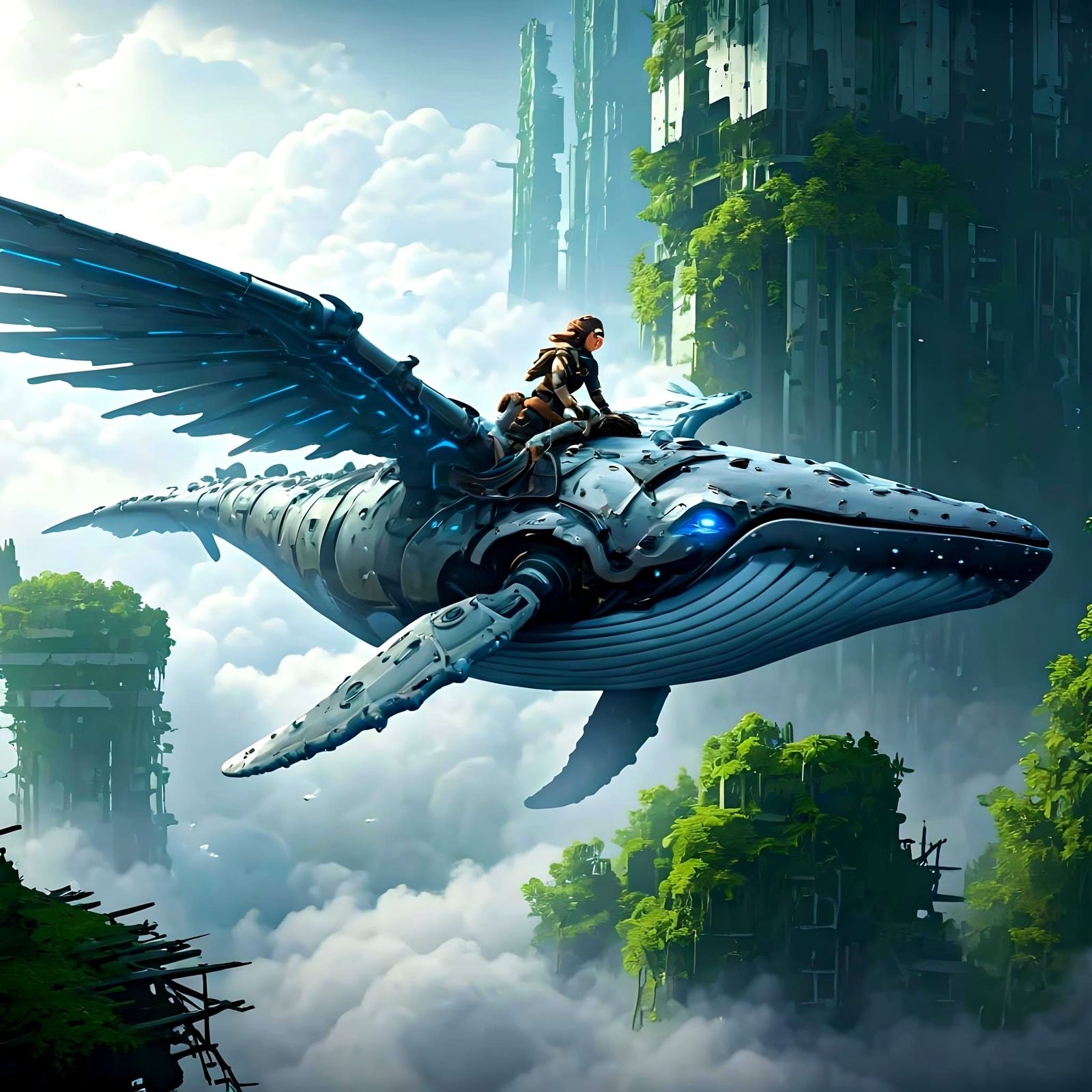 Robotic Winged Whale Soaring Above Ruined World