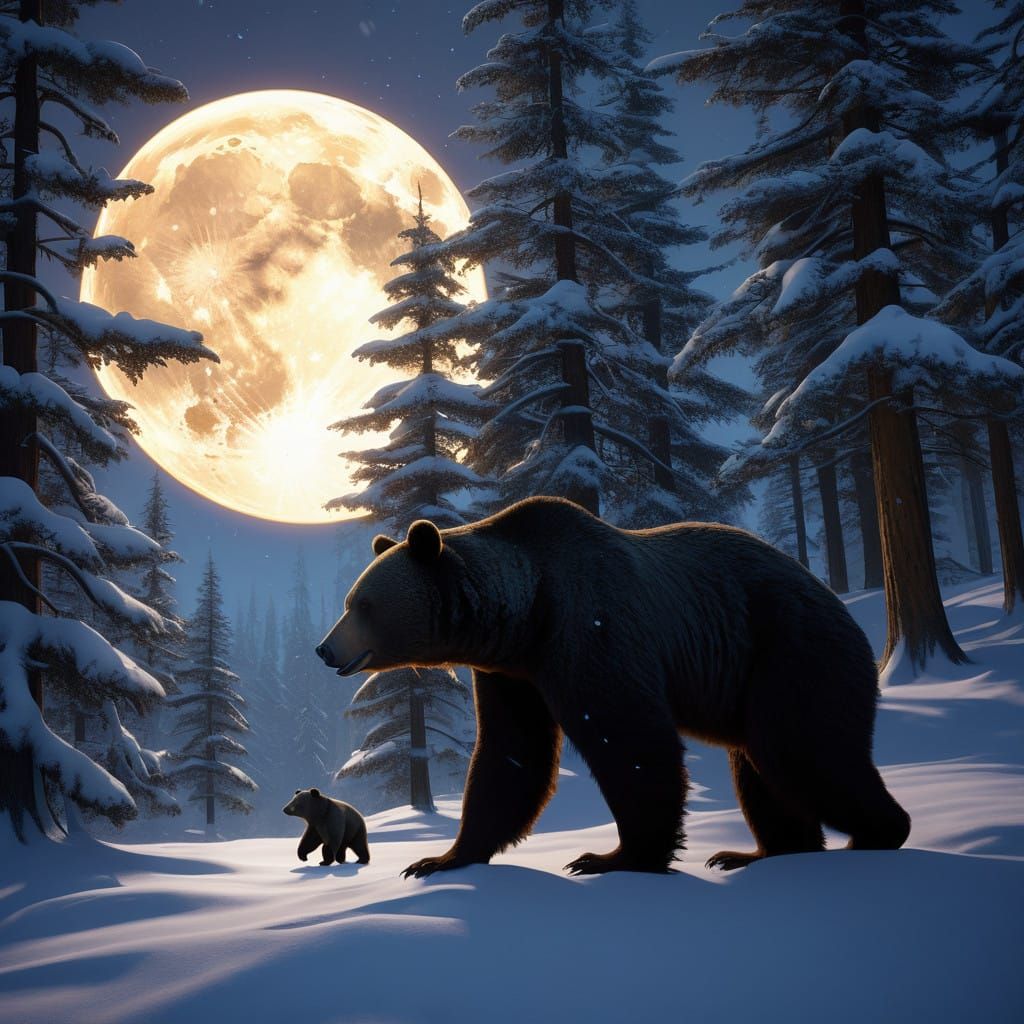 A mother black bear and her cubs frolic in the snow-