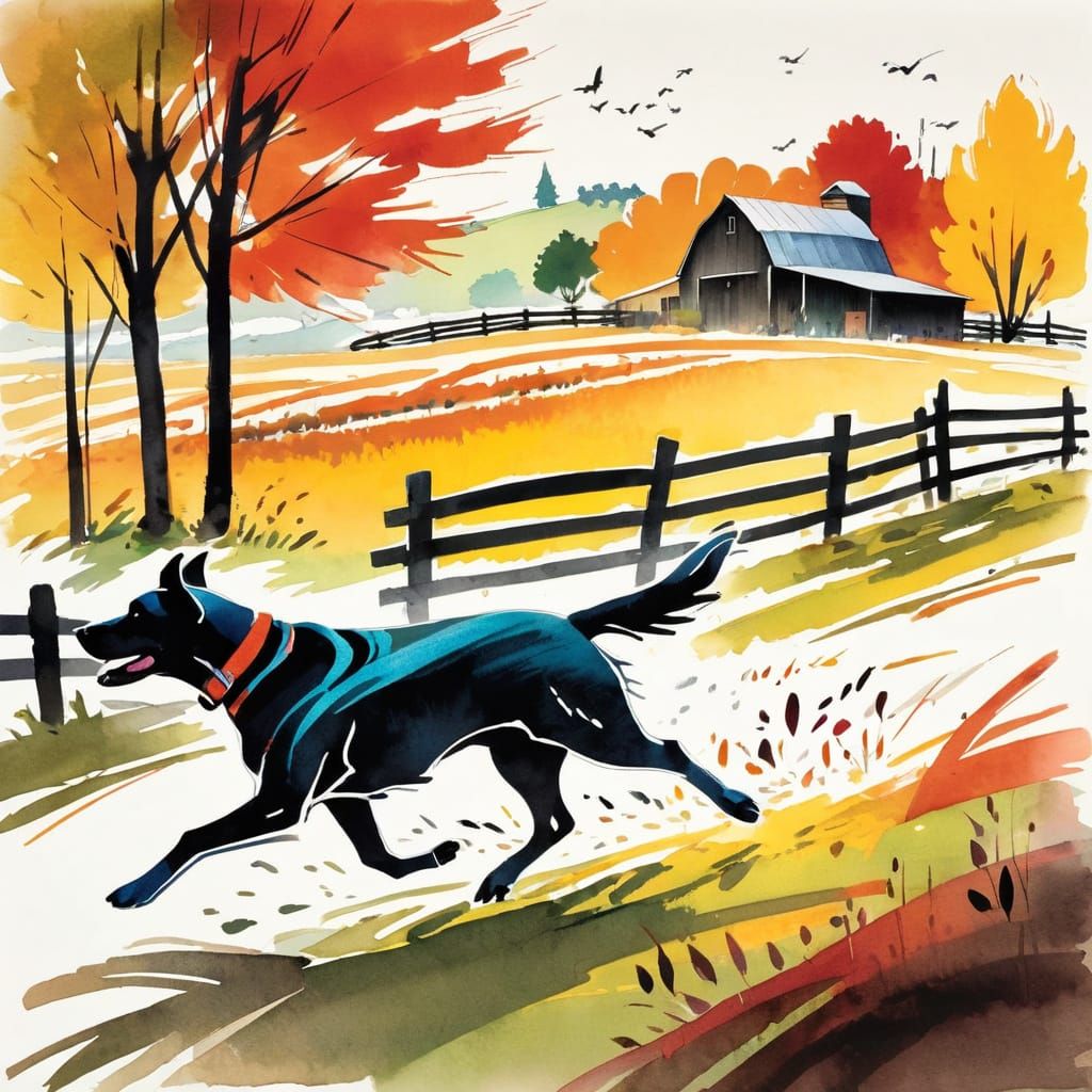 Minimalist Farm Dog Running in Autumn Wind