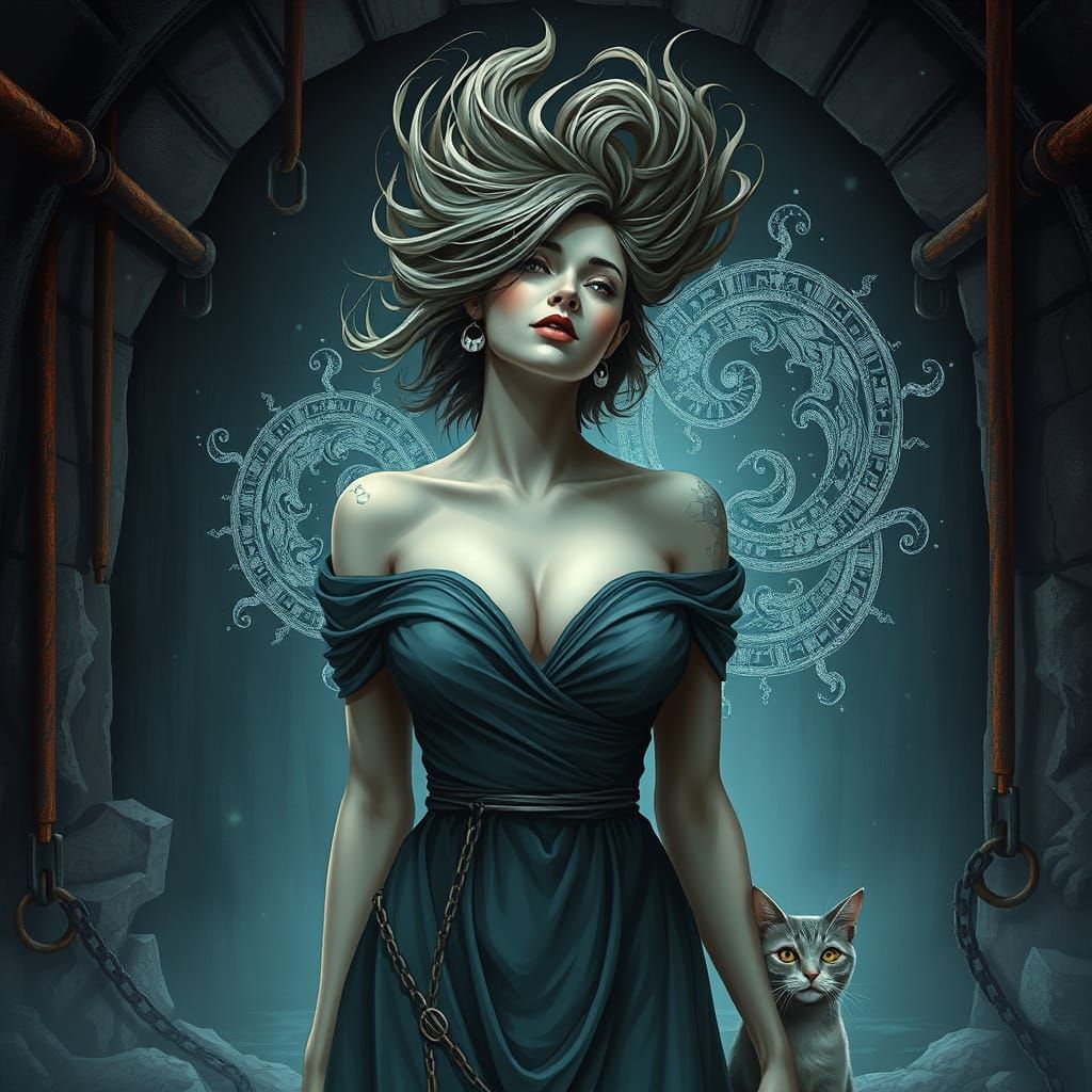 Woman in Ancient Dungeon with Cat, Fractal Patterns, and Fut...