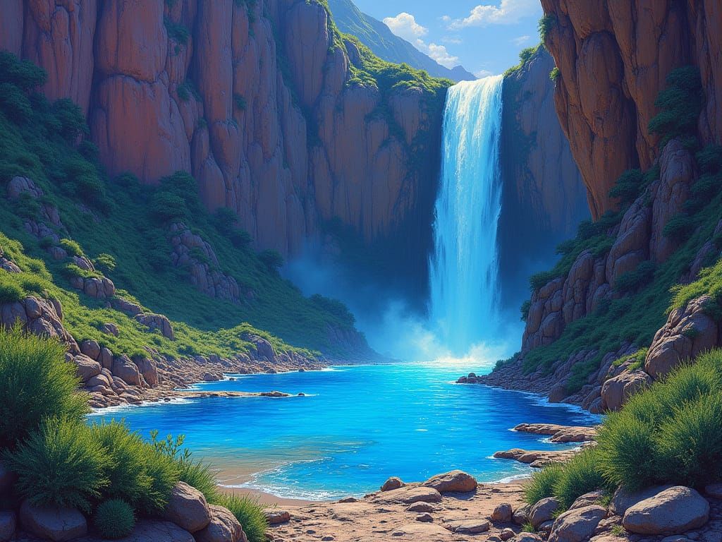 Fantasycore Landscape with Waterfall in Psychedelic Hues