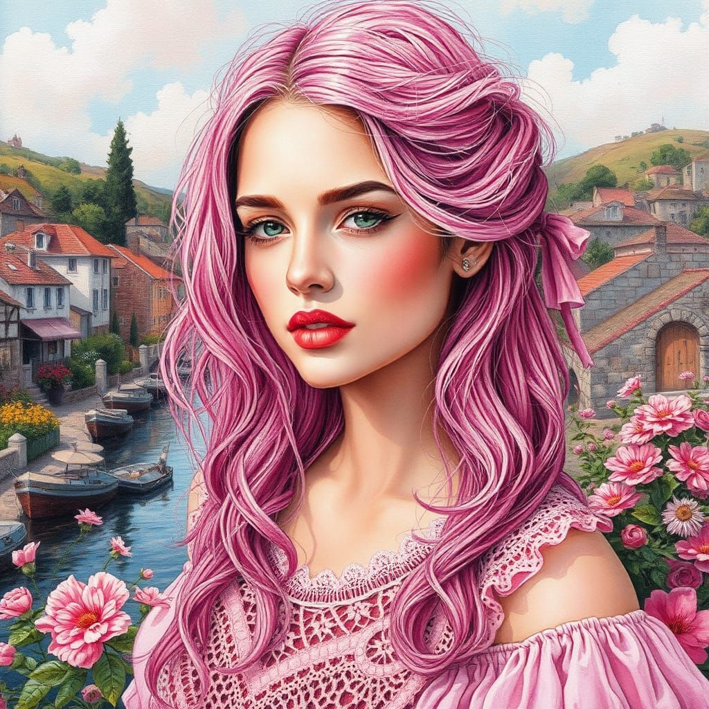 a stunning woman, pink hair, pink clothes, boho styles,  lace,ruffles,   village, river, Flowers, ,  chromatic mix of te...