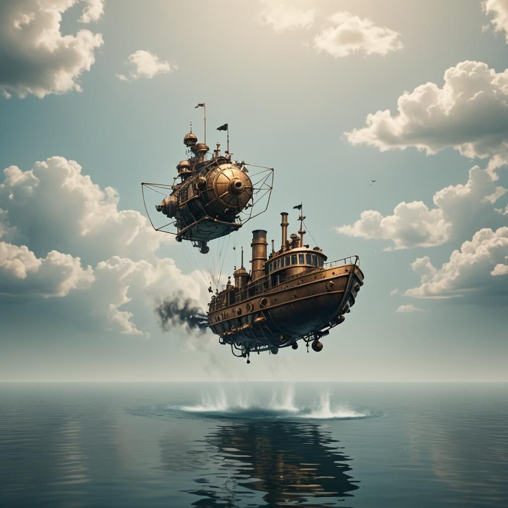 Steampunk Boat Above River: Minimalist Sci-Fi Craft