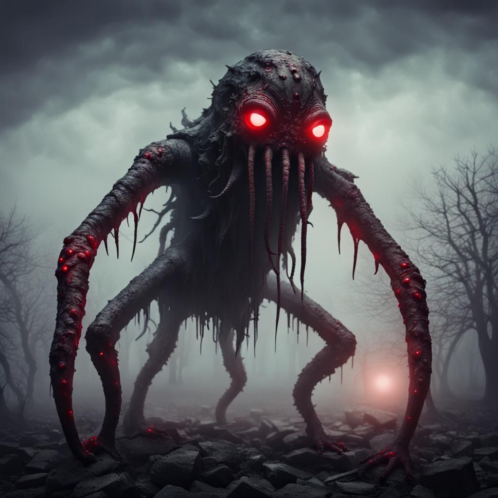 Mysterious Lovecraftian Creature in Foggy Ruins