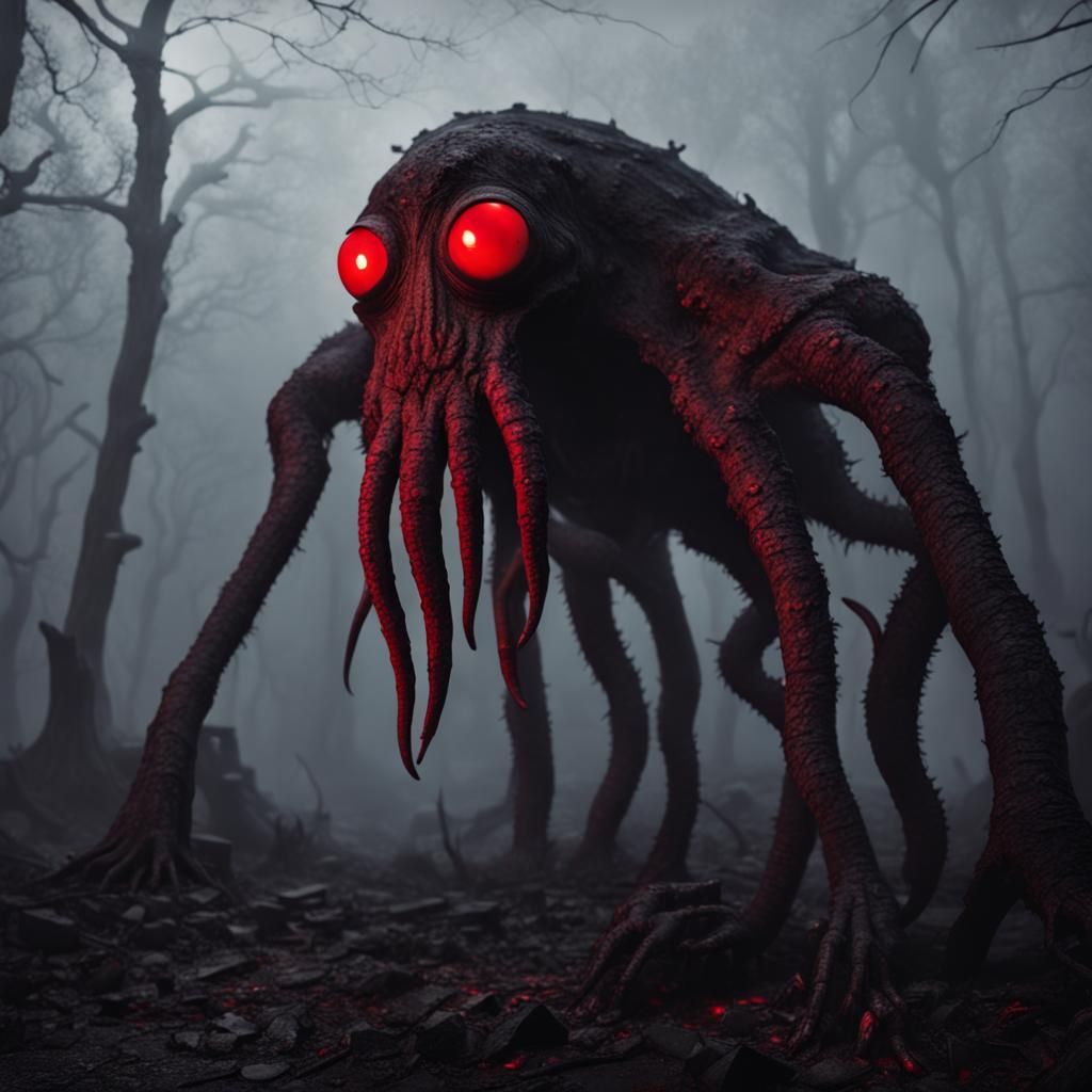 Lovecraftian Horror: Red-Eyed Creature in Ruins