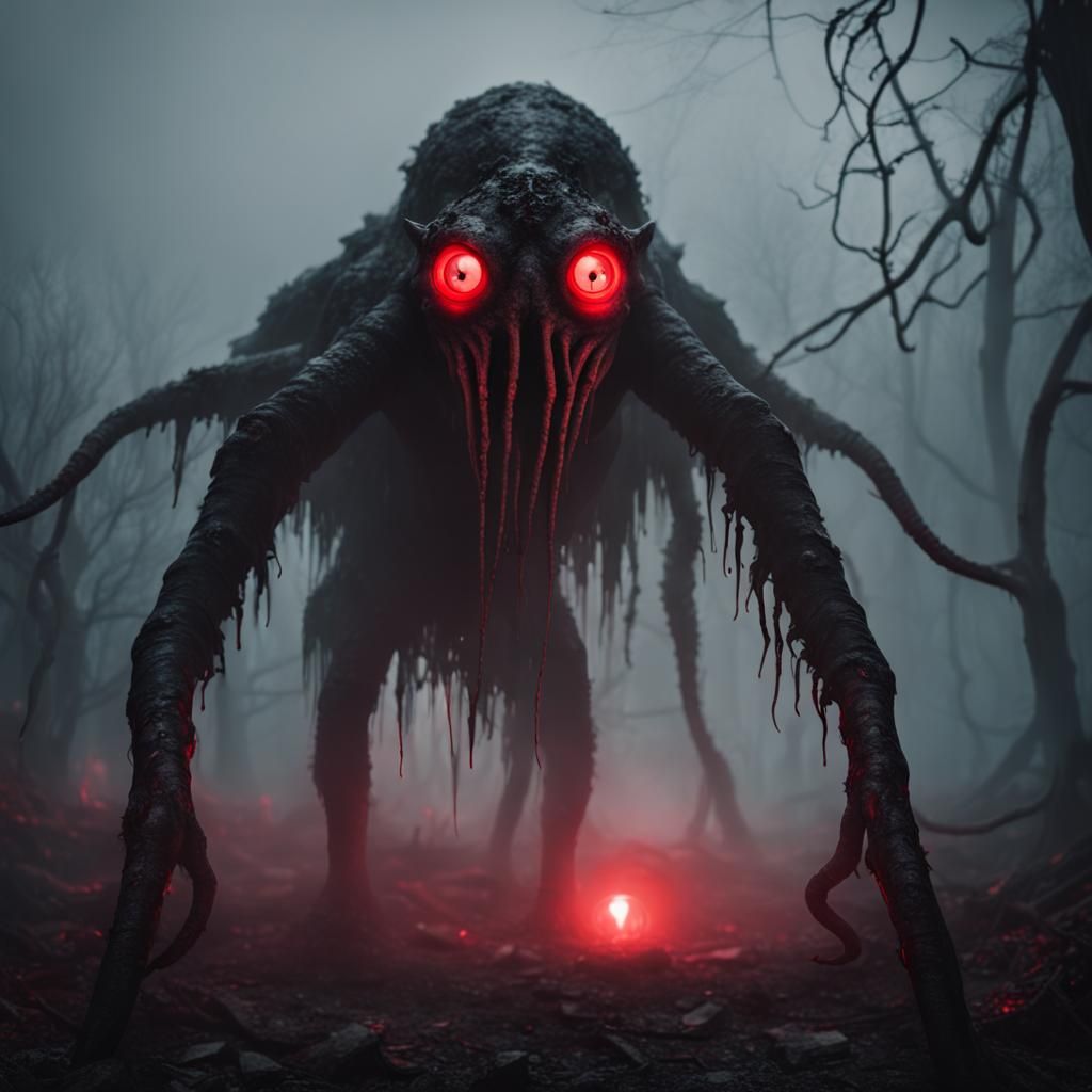 Eldritch Creature in Foggy Ruins at Night