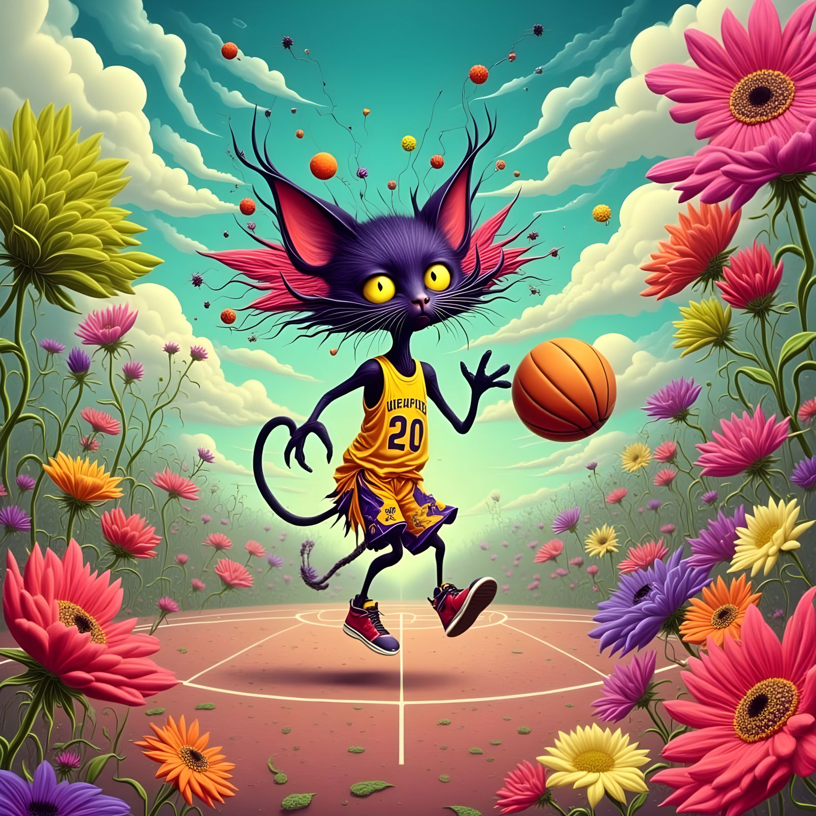 Psychedelic Liquid Cat Plays Basketball on Flower Court