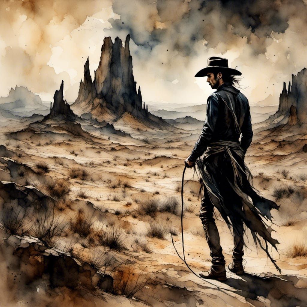 Handsome Cowboy with Whip in Desert Landscape