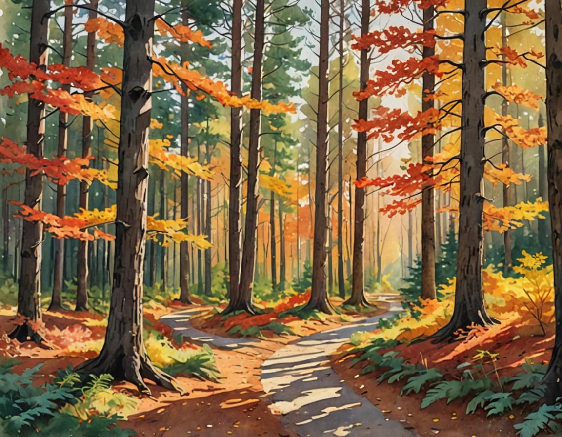 Autumn Forest Path in Watercolor Style