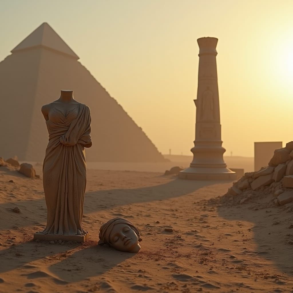 Desert Dreamscape: Ancient City and Broken Statue
