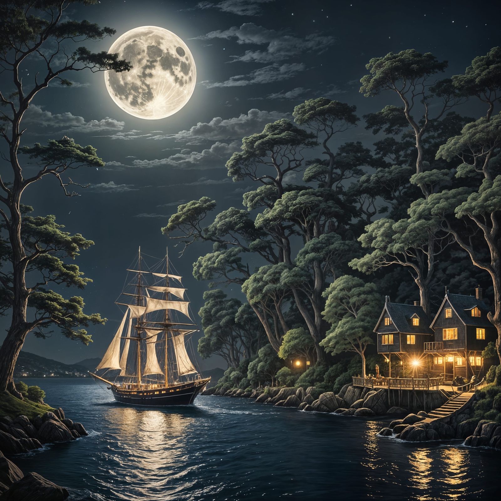 Sailing Ship Approaches Harbor at Night