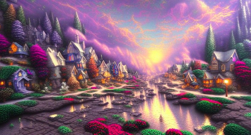 Mini Town in Mountains: Ethereal Charcoal Fantasy