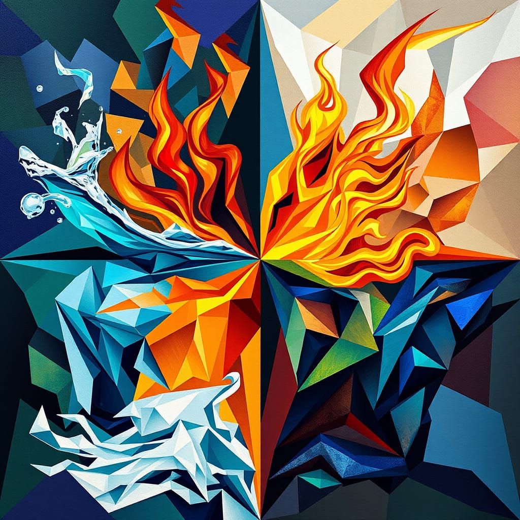 Cubist Fusion of Four Elements in Vibrant Colors