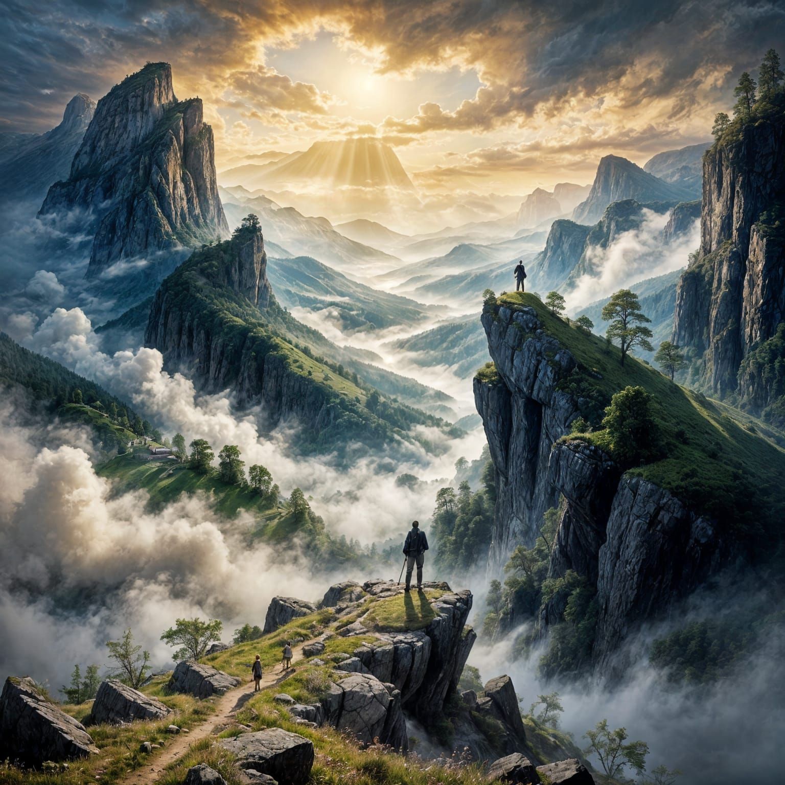 Painter Above Misty Valley: Romantic Landscape