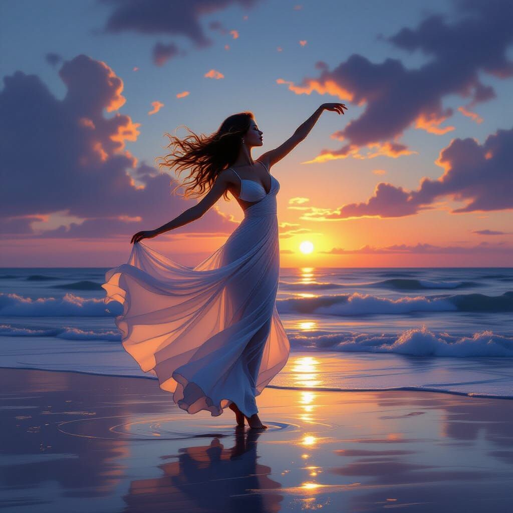 Woman Dancing on Shore at Twilight, Turner Inspired