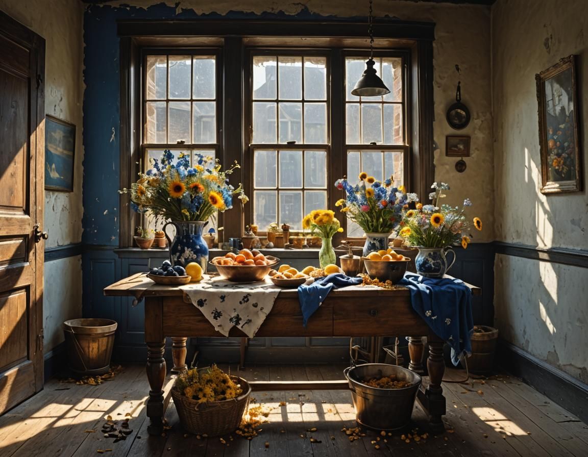 Flowers on Butcher Table: Hyperrealist Painting