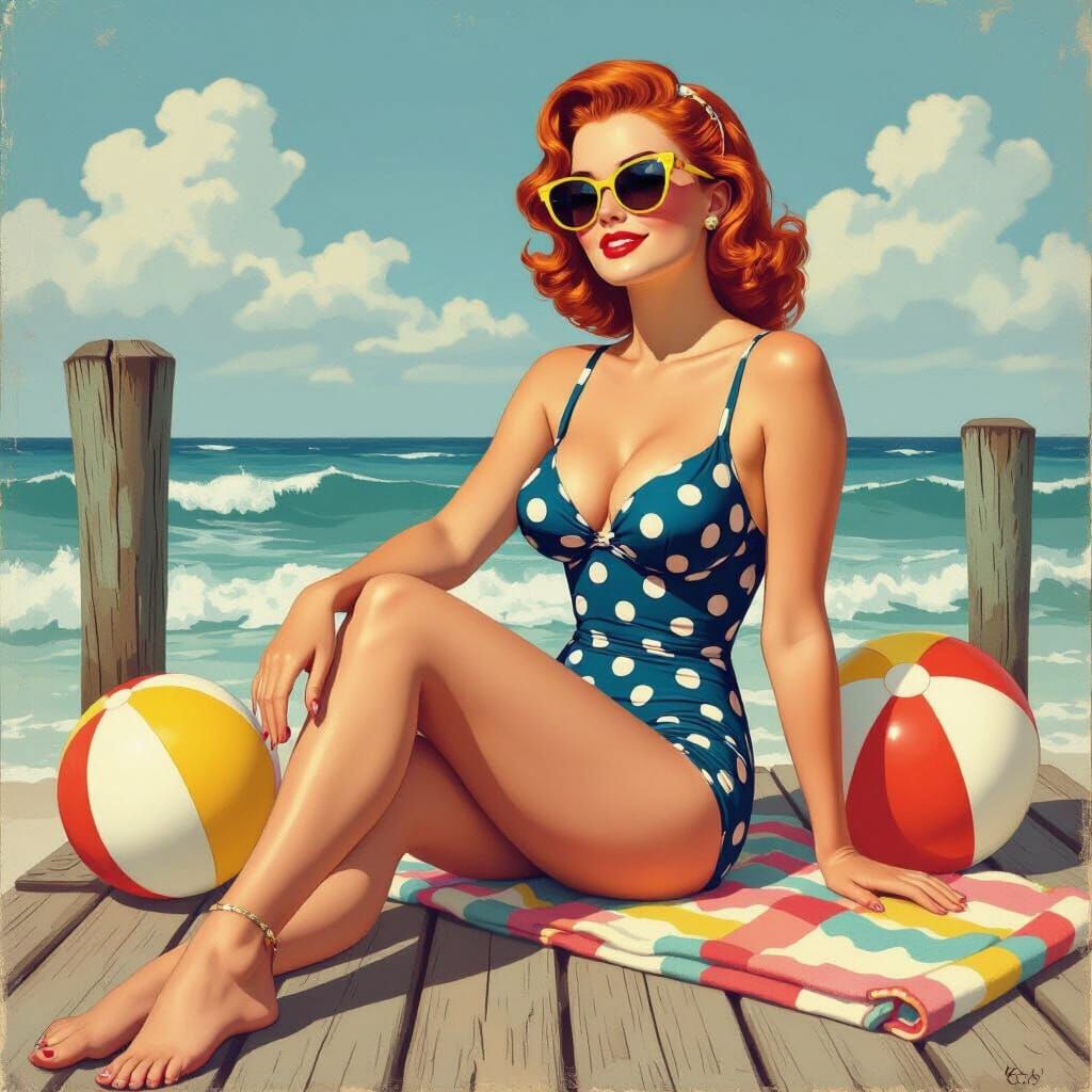 Redhead Pinup on Pier in 50s Style