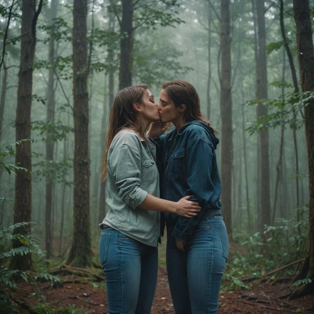 Romantic Kiss in Rainforest: Cinematic Film Still